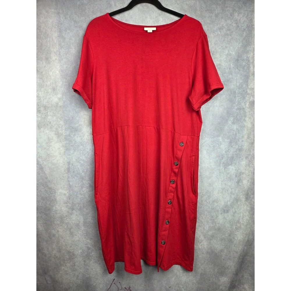 J. Jill Womens 1X Red Knit Short Sleeve Asymmetrical‎ Button Side Pocket Dress